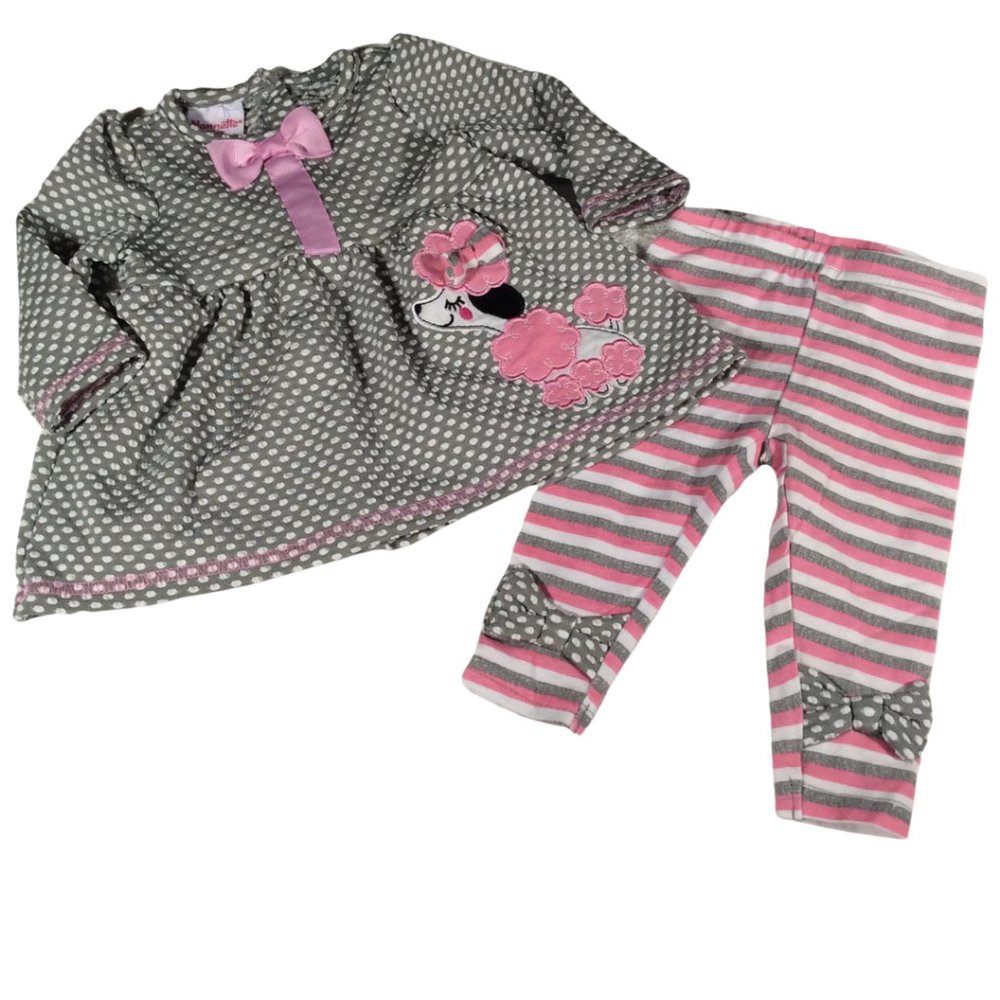Grey/Pink 2 Piece Polka Dot Print Outfit w/ Poodle Applique & Bow Details
